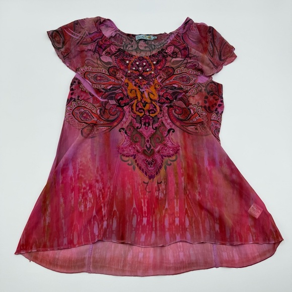 Unity World Wear Women’s Pink Orange Studded Patterned Top Medium Flutter Sleeve - Picture 5 of 14